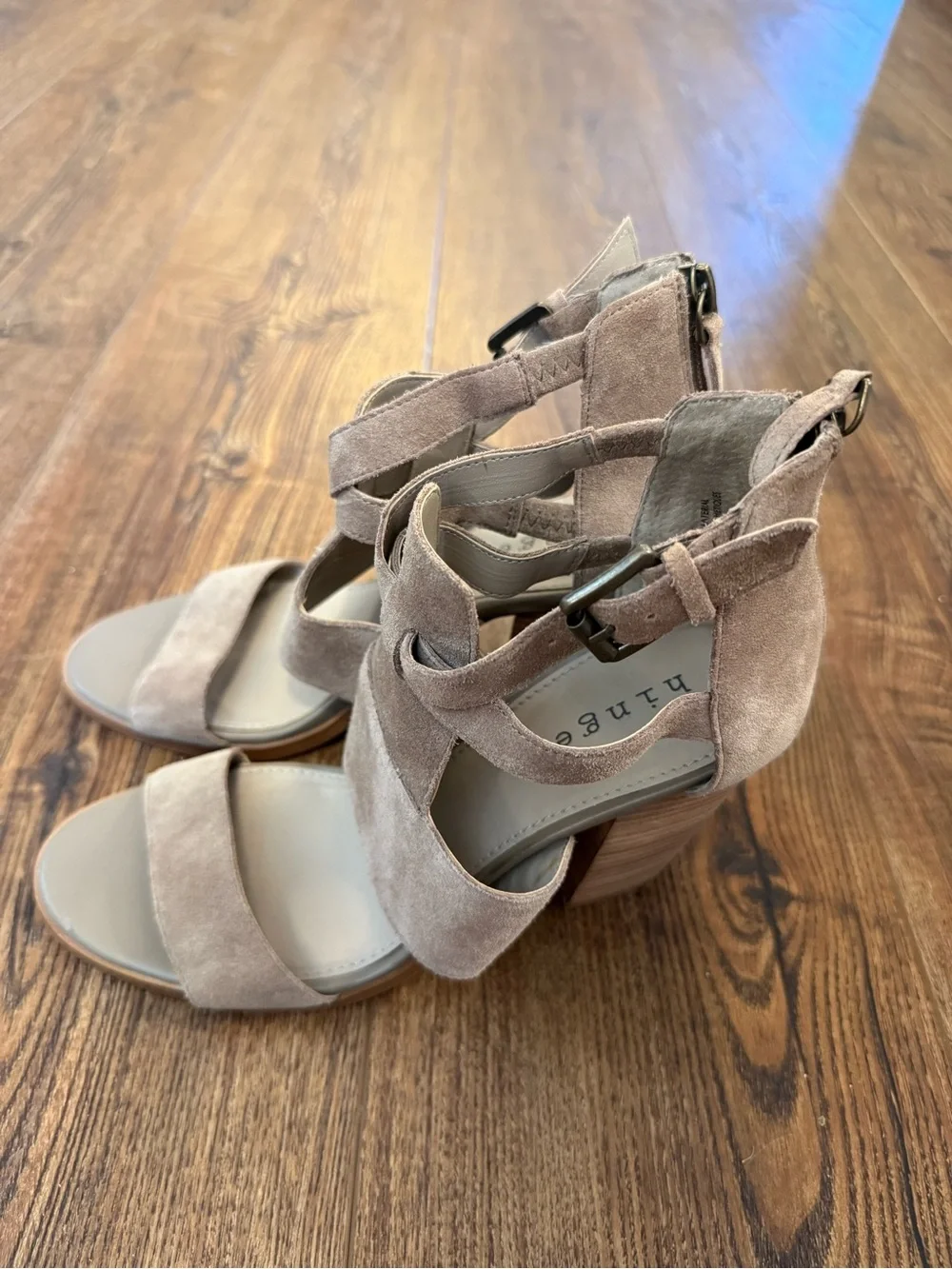 hinge Taupe Suede Strappy Block Heel Sandals